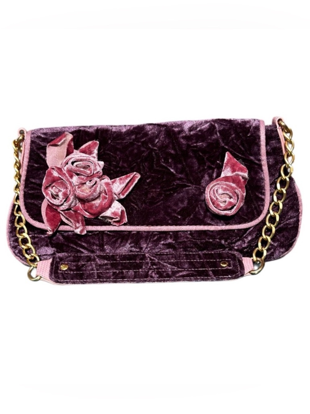 PINK PURPLE VELVET 3/D Florals Chain Shoulder Clutch Vintage Pretty part to find